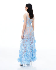 Clementine 3D Floral Embroidered Dress - Blue