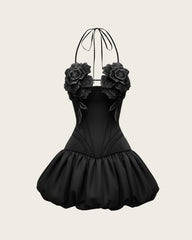 3D Floral Halter Mini Dress - Black
