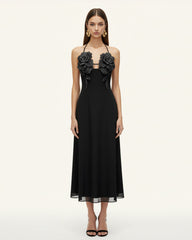3D Floral Halter Maxi Dress - Black