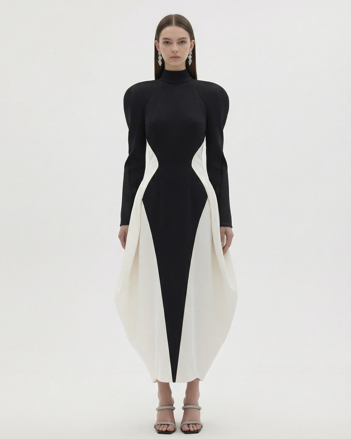 Contrast Paneled High-Neck Power-Shoulder Midi Dress - Black & White